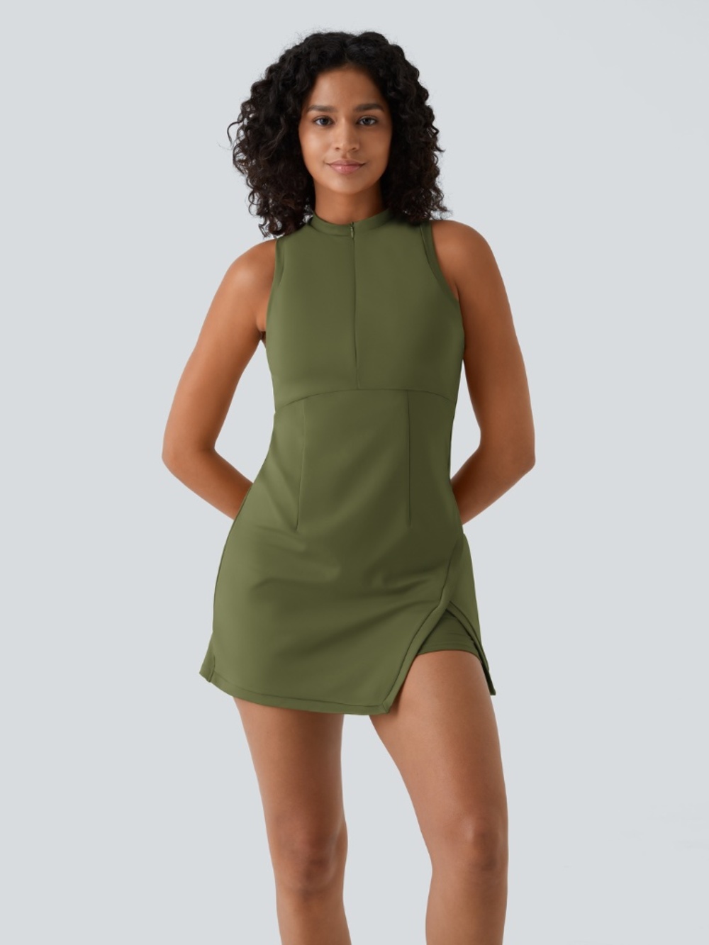 Halara Olive Green Zipper RacerPocket Athletic Mini Tennis Dress